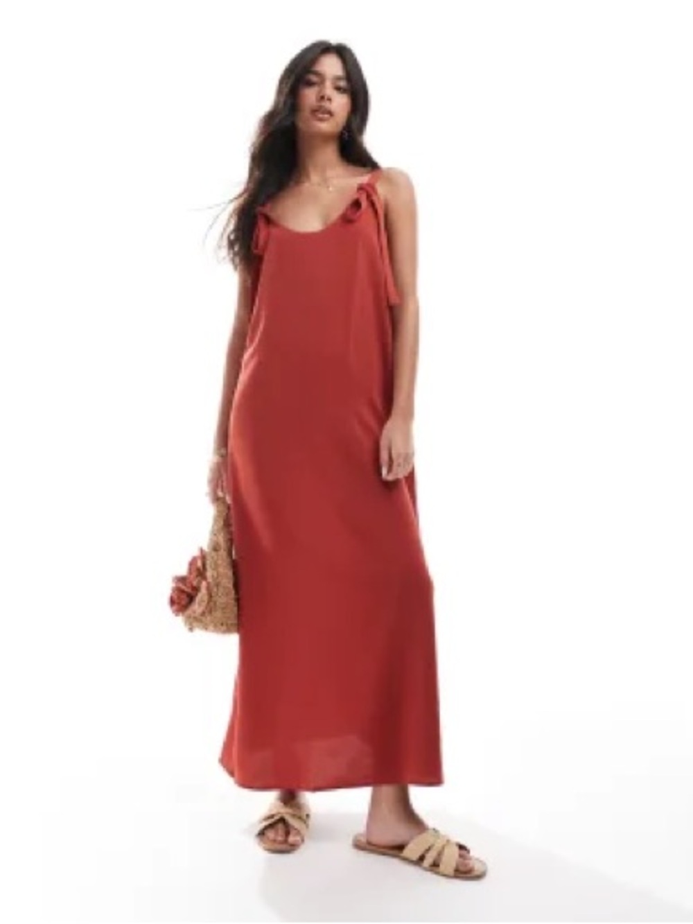 ASOS Design cupro tie detail strappy cami midi dress in terracotta